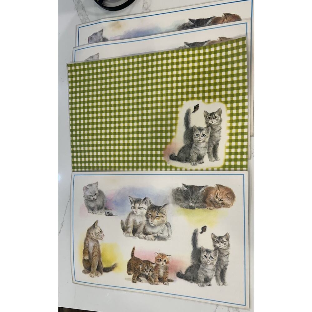 Conimar Conimats Decorator Reversible Placemats Kitten Cat Green Gingham Set 4